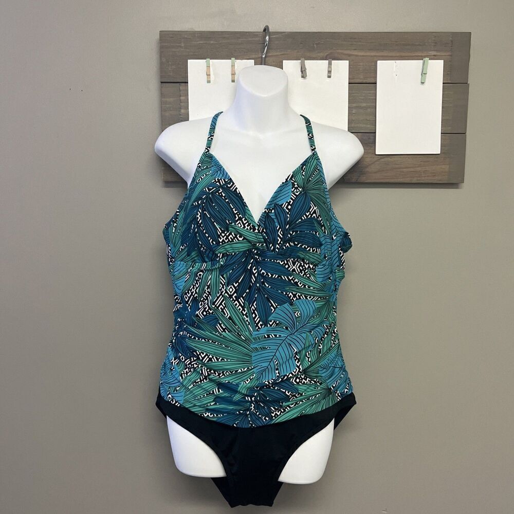 Jantzen One Piece Tropical V-Neck Padded Ruched Swimsuit Size 16